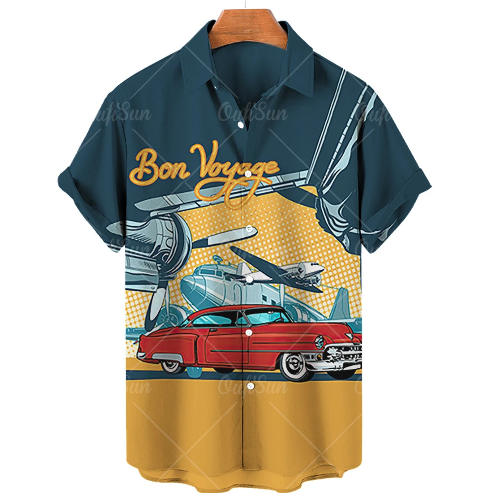 Vintage Hawaiian Men\'s Shirt 3d Car Print Short Sleeve Shirts For Men Classic Car Tee Shirt Men Clothing Oversized Racing Camisa