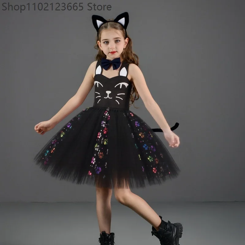 Enfant Cute Pink Black Cat Dress Cosplay Tutu Skirt Dance Wear Suit Ears Tie Tail Chicas Performance Birthday Party Outfit Gift