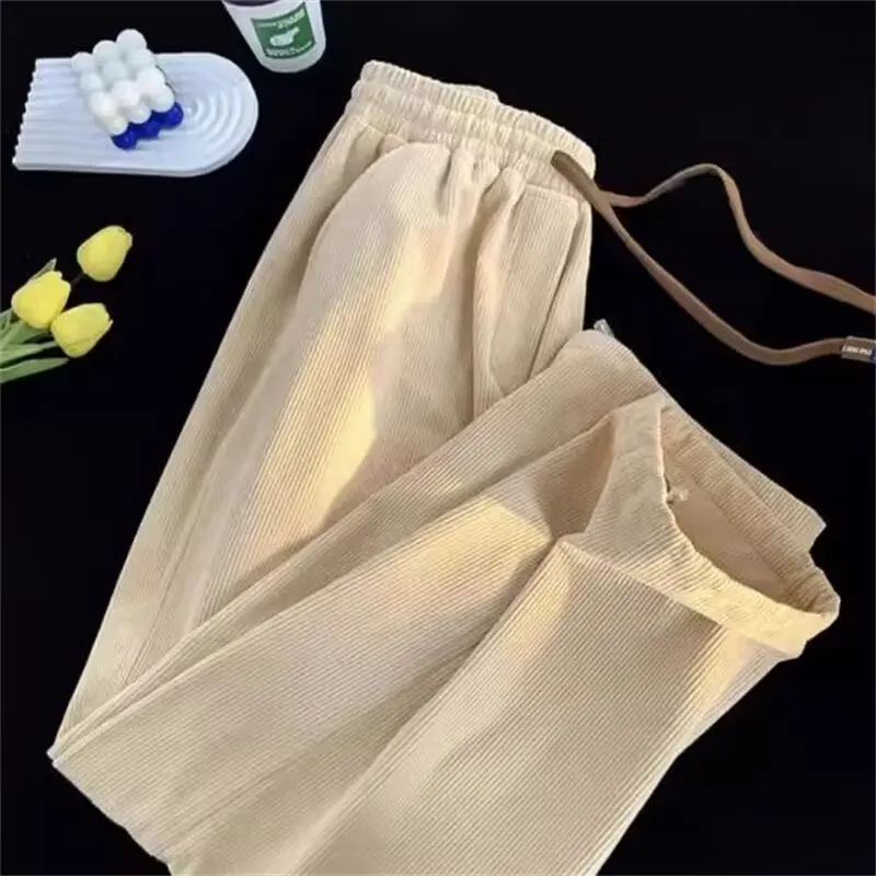 Women's Corduroy Sports Pants Straight Leg Loose Fit Summer Casual Wide Leg Trousers Cuffed Sweatpants Versatile All Seasons