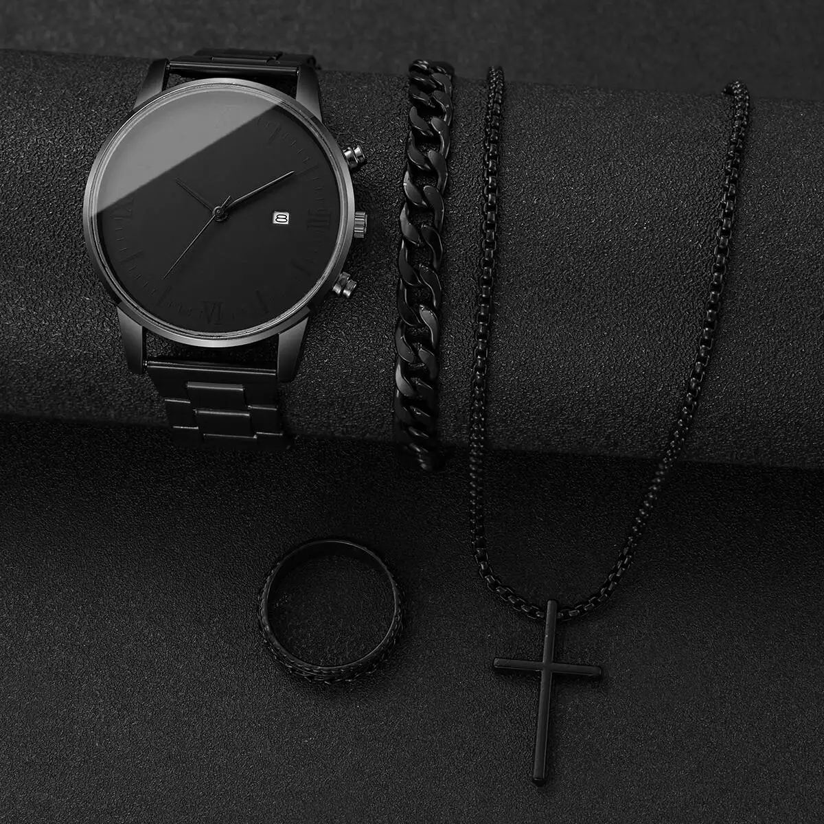 4 قطعة/المجموعة أزياء رجال الأعمال الساعات روما الهاتفي ساعة كوارتز للرجال ساعة التقويم طقم مجوهرات Reloj Hombre (بدون صندوق)