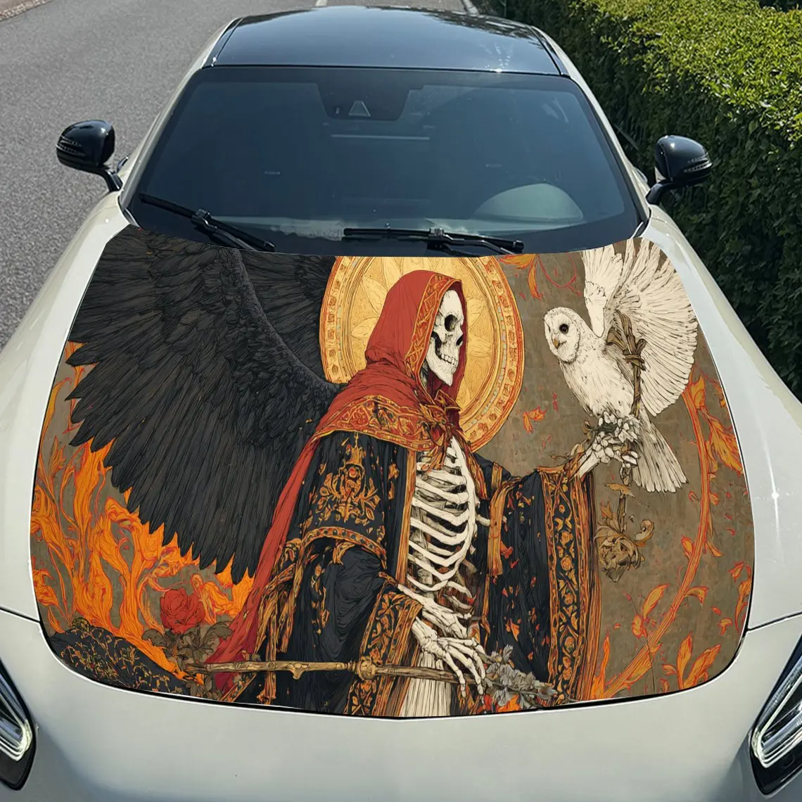 ملصق غطاء محرك السيارة الكلاسيكي ذو الهيكل العظمي الإلهي والبومة، يلتف الفينيل التلقائي، ملصق سيارة ذاتي اللصق مقاوم للماء، متين ونملة #5