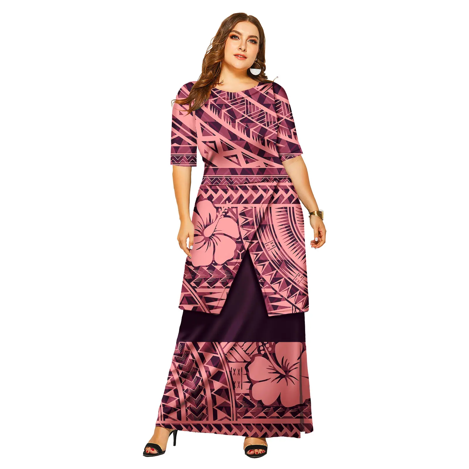 Island Style Custom Polynesia Design Puletasi Set Dress Samoa Ptaha Puletasi Ladies Long Maxi Two Piece Skirt Set Dresses 2pc