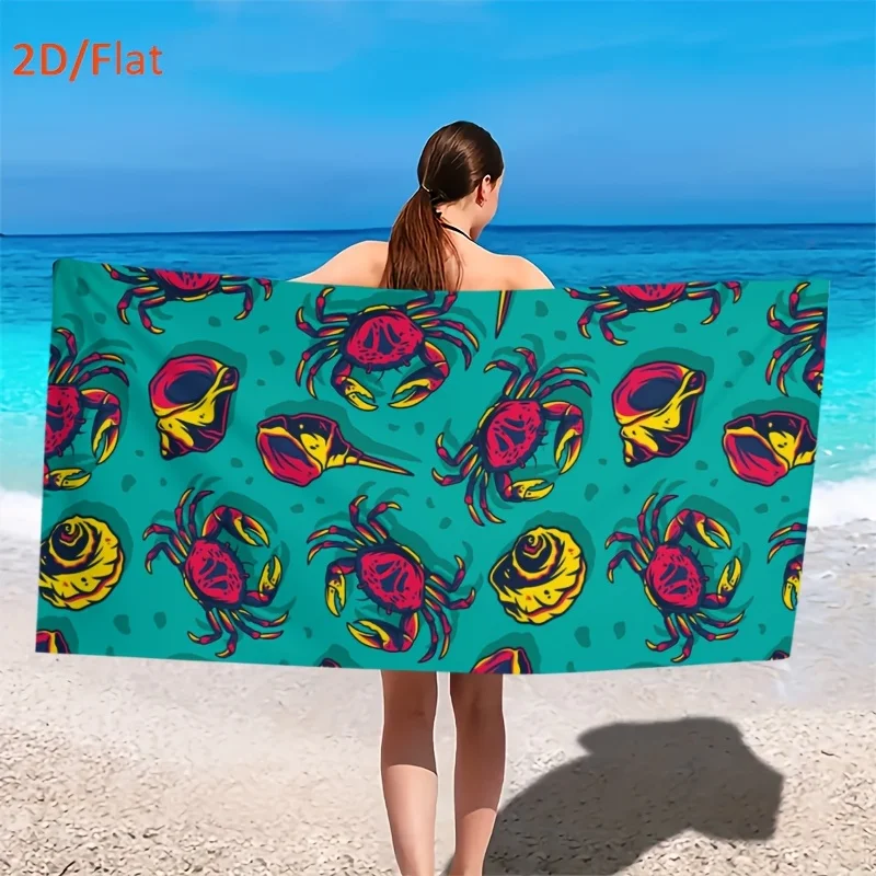 1pcs Teal Crab & Seashell Beach Towel, Soft Microfiber Quick Dry Oversized Bath Towel, Nautical Summer Pool Blanket