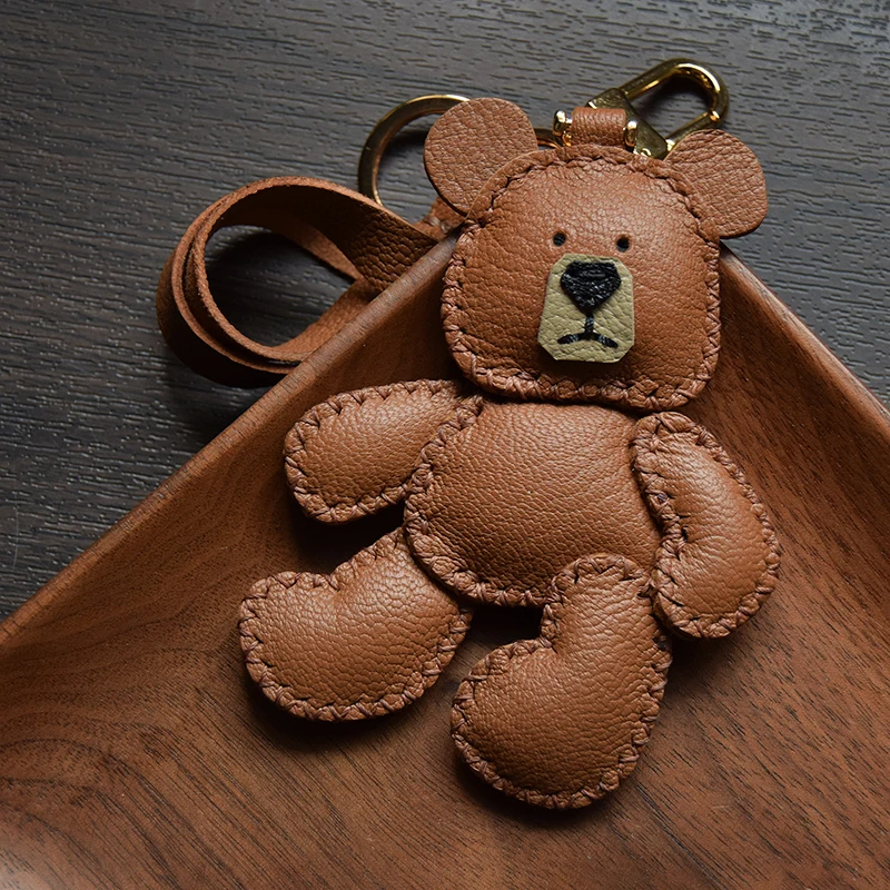 

Original design teddy puppet bear leather car key bag pendant handmade custom gift female