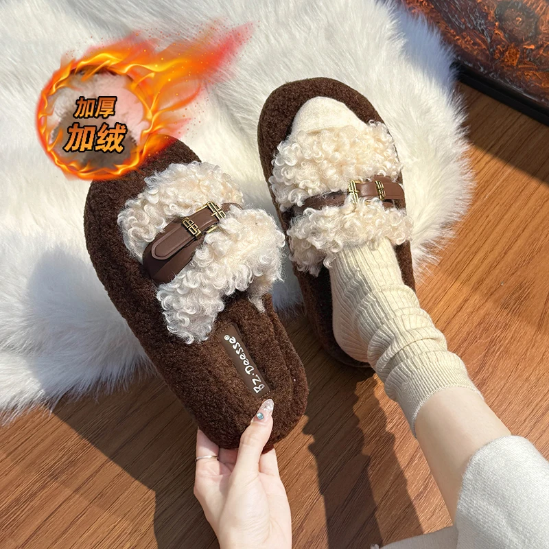 

CRLAYDK женские нечеткие тапочки на платформе с ягненком, удобная домашняя обувь, домашние подарки с открытым носком для женщин, прогулочные шлепанцы с меховой пряжкой