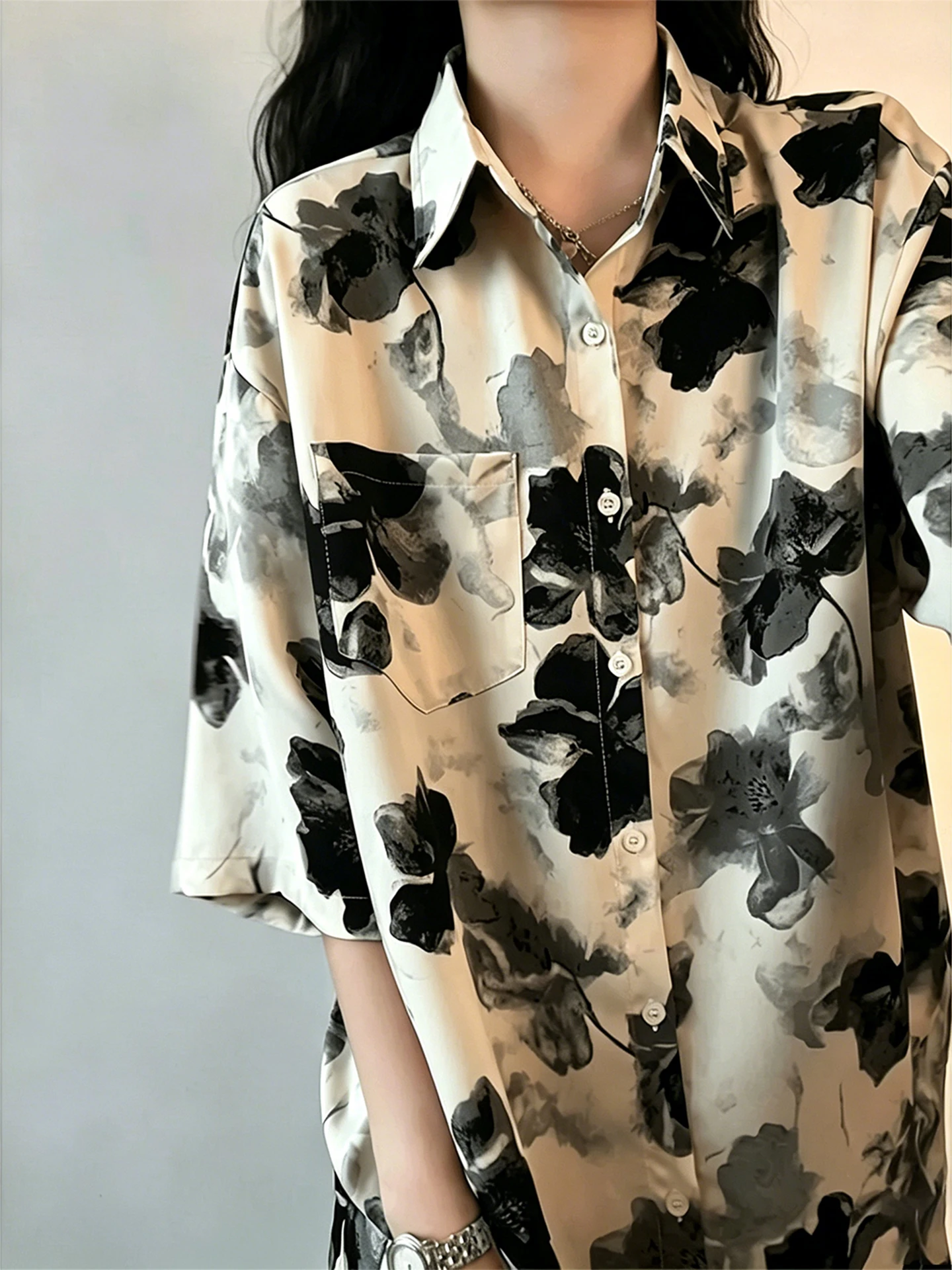 Summer Thin Ice Silk Cool Feeling Men's Short Sleeve Shirt Tie Dye Floral Print Loose Fit Regular Length Button up Casual Shirt