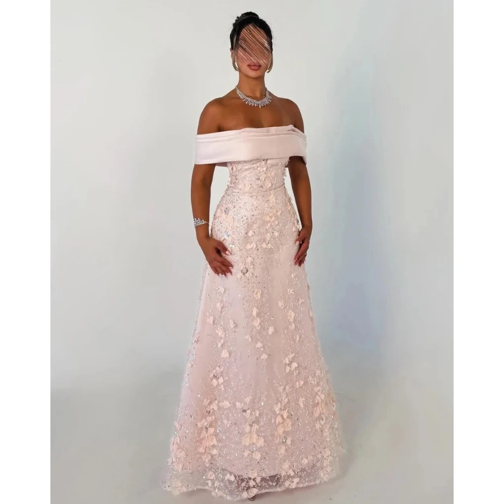 فستان حفلة موسيقية أنيق من التل مزين بالزهور 2025 قبالة الكتف من الساتان حورية البحر طول الأرض فساتين الحفلات الرسمية حسب الطلب