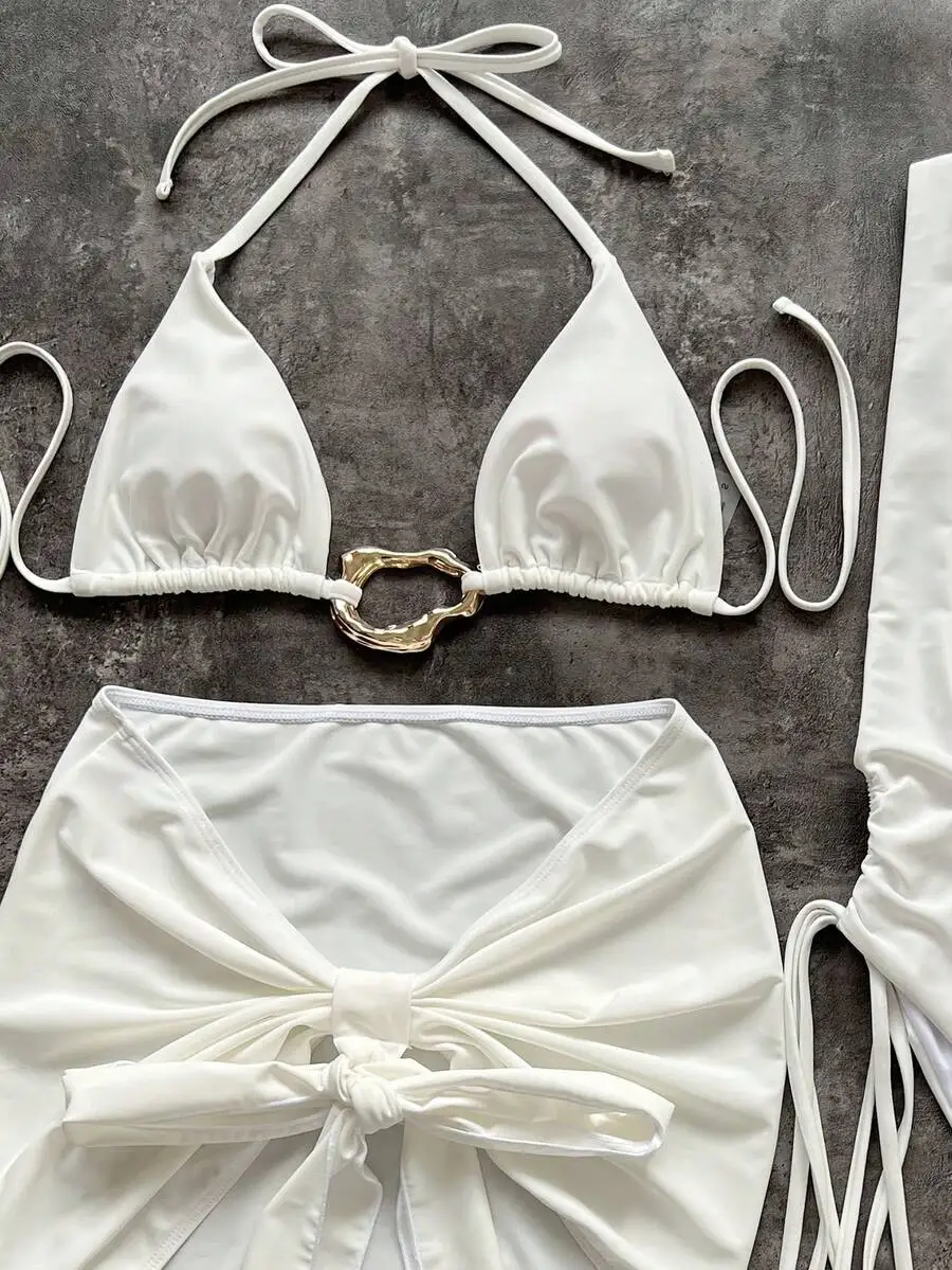 Women Two Piece Swimsuit Set With Metal Buckle Halter Top And Ruched Tie Skirt