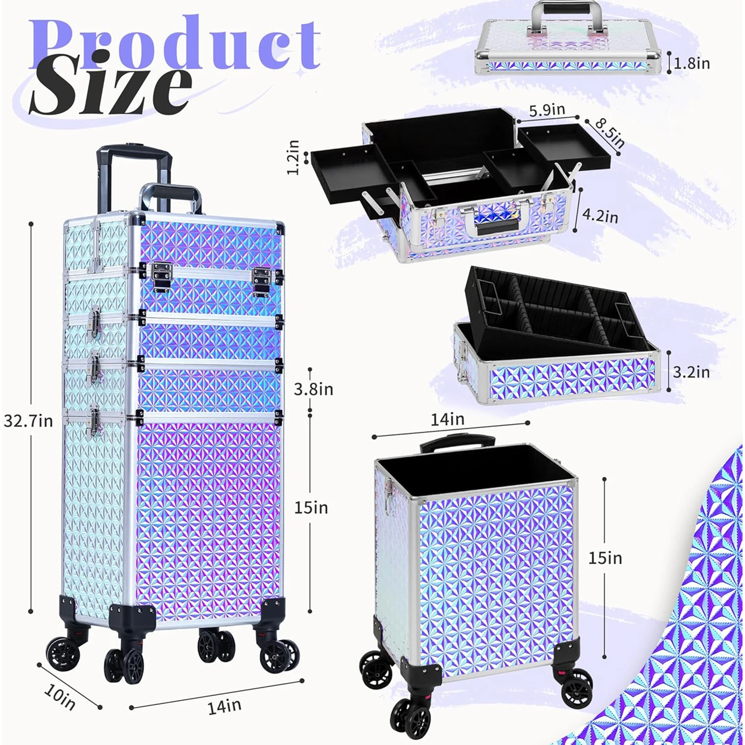 5 in 1 Rolling Makeup Train Case Cosmetology Case on Wheels Large Cosmetic Organizer Travel Cart for Nail Beauty Salon Barber