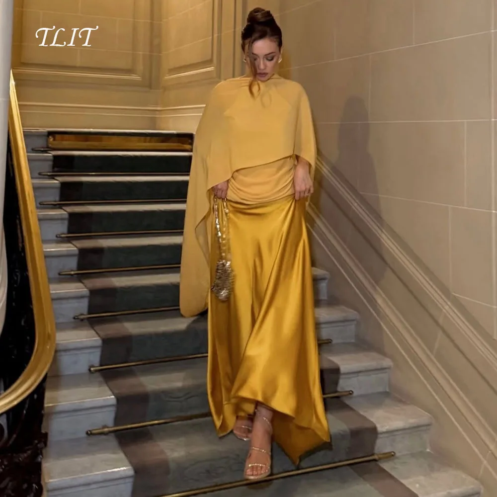 

TLIT Elegant Yellow Silk Satin Mermaid Evening Dresses فساتين سهرة Yellow Long Shawl Customized Halter Prom Gowns