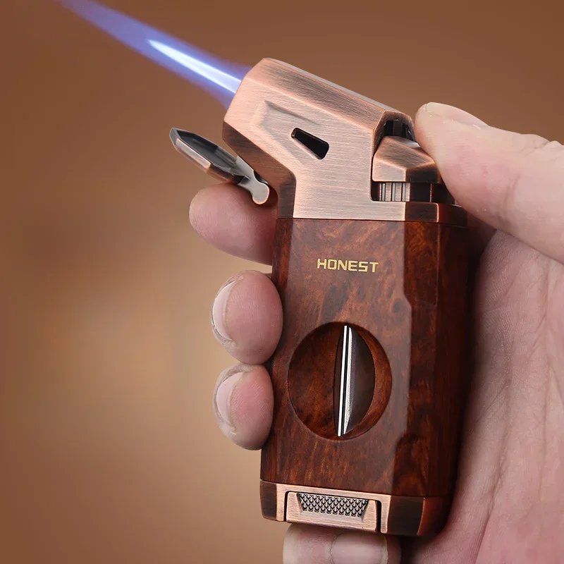 Nouveau allume-cigare de luxe avec coupe en forme de V fenêtre à gaz Visible allume-cigare rechargeable torche briquet fumeur cadeau pour hommes