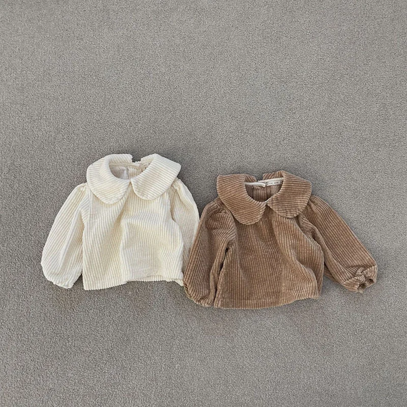 Autumn Winter New Solid Baby Long Sleeve Corduroy T Shirts Infant Girls Peter Pan Collar Blouse Thick Warm Toddler Shirts