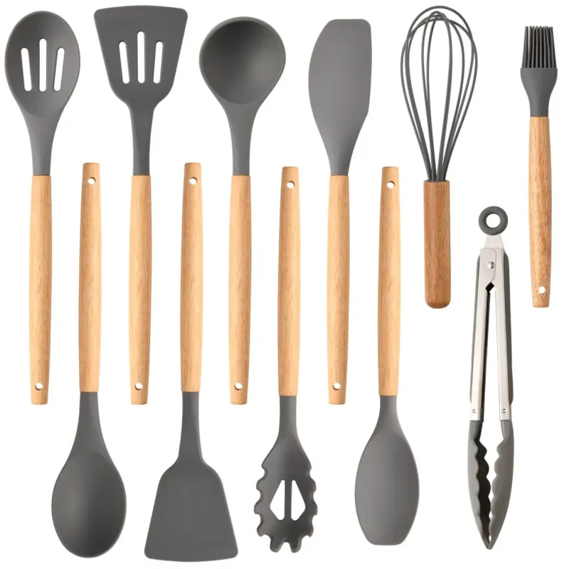 Non-stick silicon 12 pcs heat-resistant wooden handle kitchen cookware set, gray