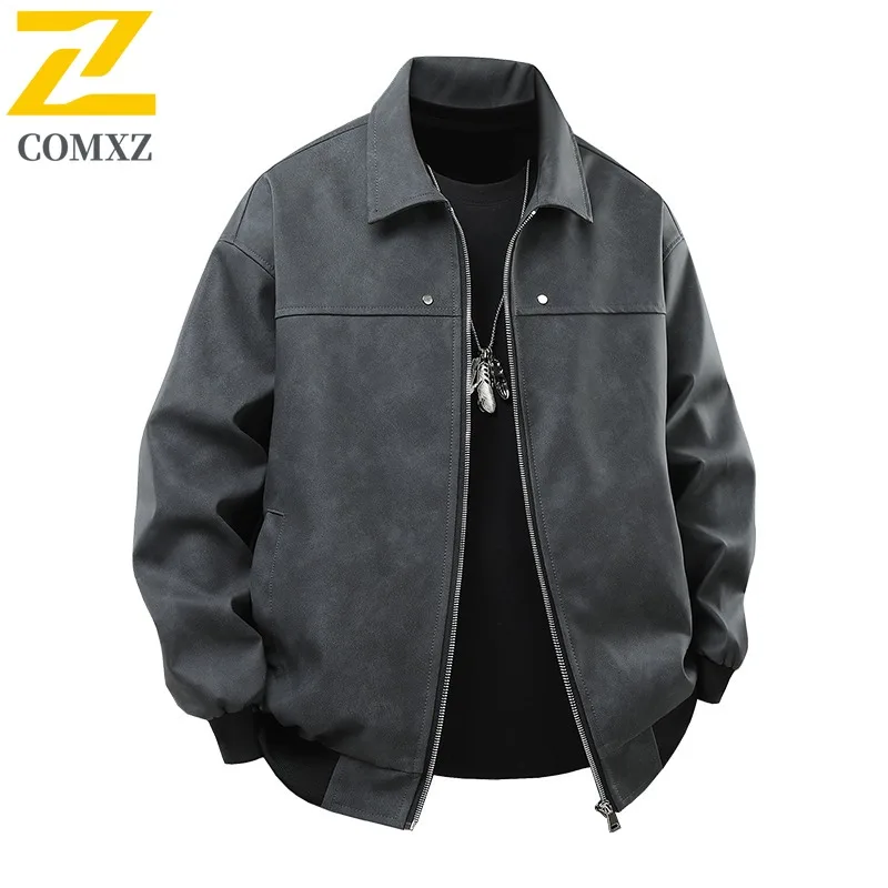 COMXZ الرجال بولي Leather سترة جلدية عادية الوقوف طوق التخييم يندبروف دراجة نارية معطف جلد المشي لمسافات طويلة خفيفة الوزن الخريف الملابس #6