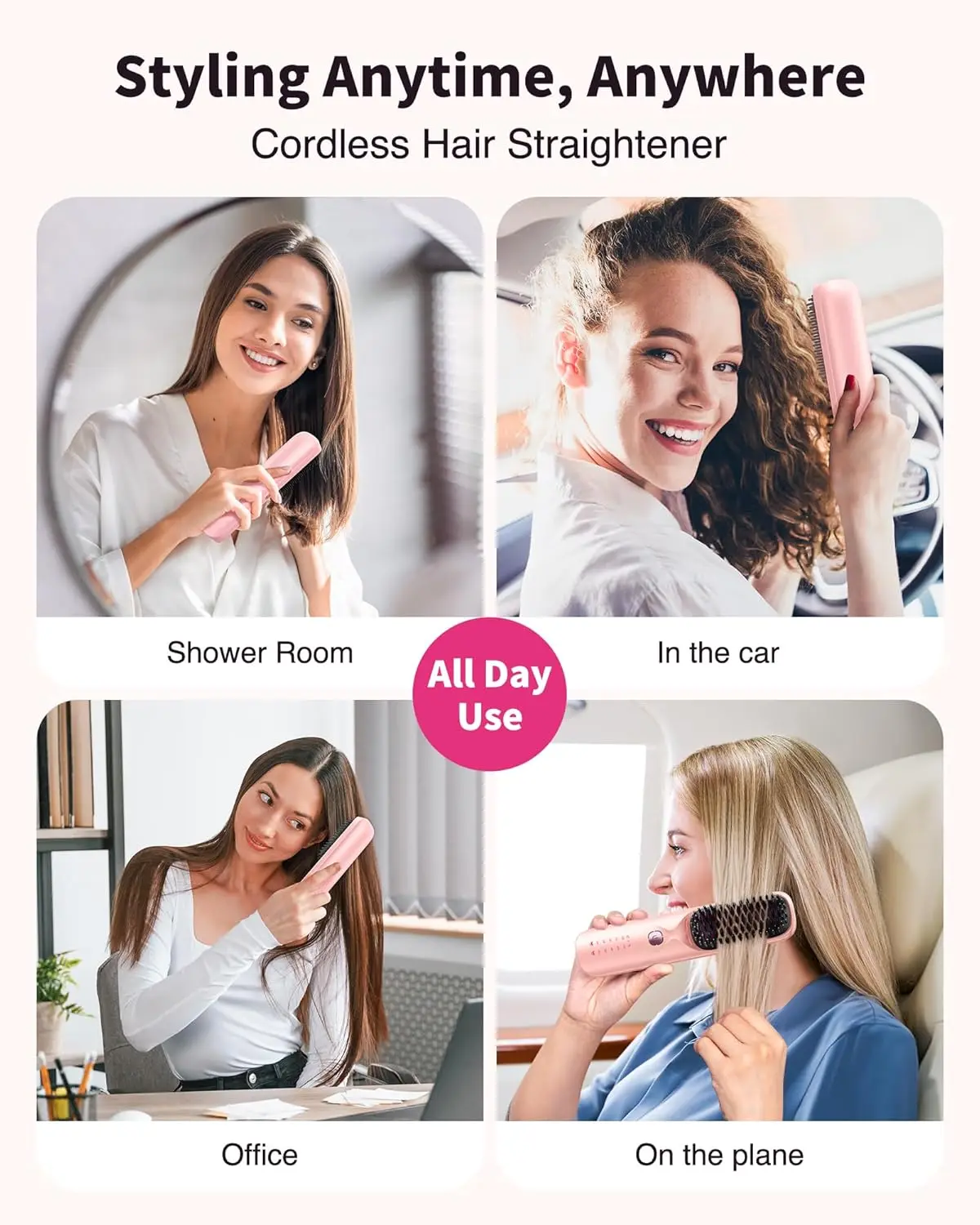 10000mAh Cordless Hair Straightener Comb Brush 5S Fast Heating for Travel - 300M Negative Ions for Frizz-Free Shine for Women