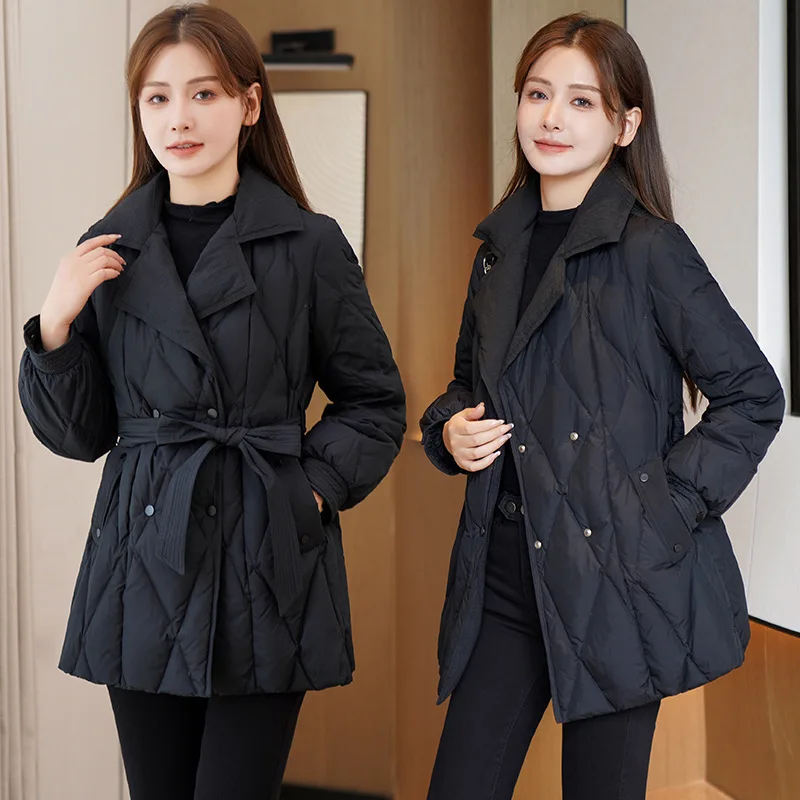 

2025 new winter slim fit waist medium and long down cotton clothes women's black suit collar jacket rhombus grid coat women