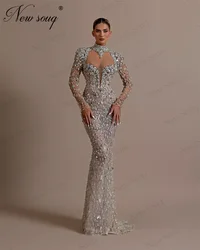 Fashionable Mermaid Evening Dresses Sexy Backless Beading Prom Dress Long Sleeves Aso Ebi Dubai Crystals Engagement Party Dress