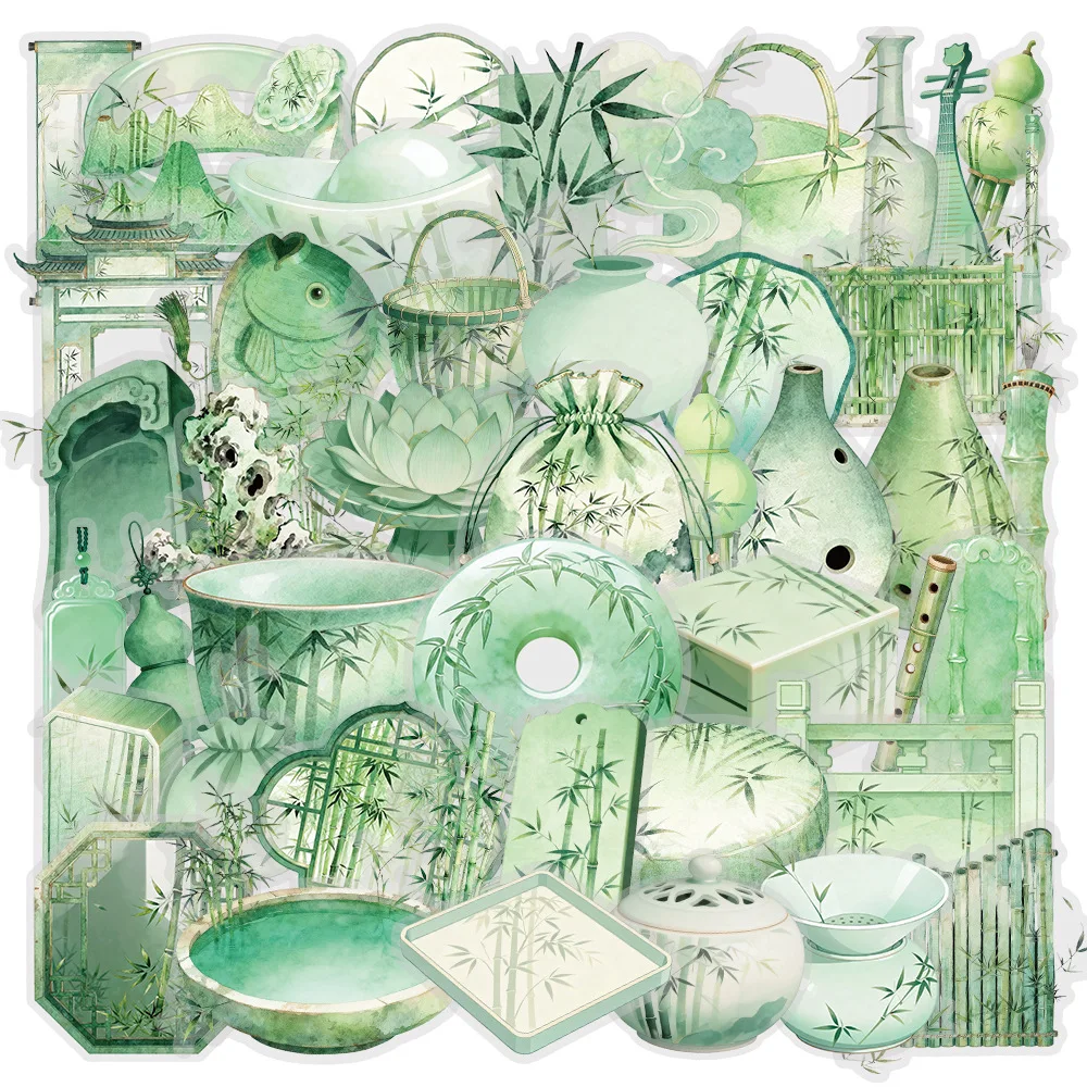 50PCS The Bamboo Charm of the East Graffiti Stickers Green Transparency INS Style Decal DIY Luggage Phone Guitar Classic Kid Toy