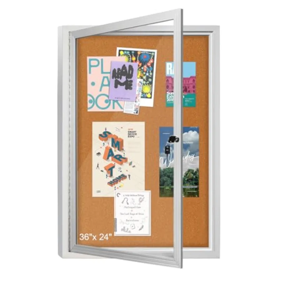 

36"x24" Enclosed Bulletin Board Outdoor Weatherproof Enclosed Bulletin Board with Glass Locking Door Silver Aluminum Frame Outd