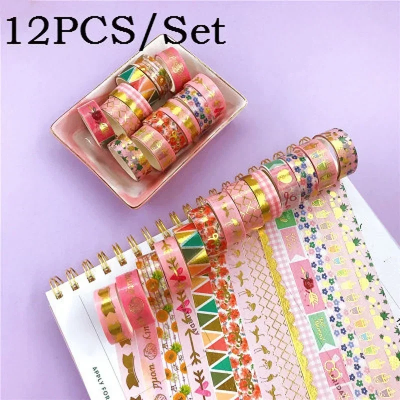 12 buah Set selotip Washi Set kertas dekorasi lengket DIY dekorasi perlengkapan sekolah kantor alat tulis Scrapbook Kawaii