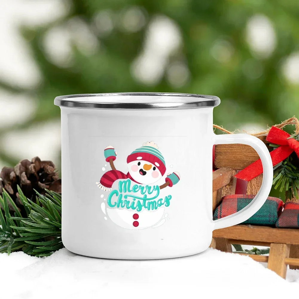 Enamel Coffee Cup Bad Santa Deer Penguin Print Mug Handle wine Hot Chocolate Cocoa  Cup Banquet Table Decoration New Year's Gift