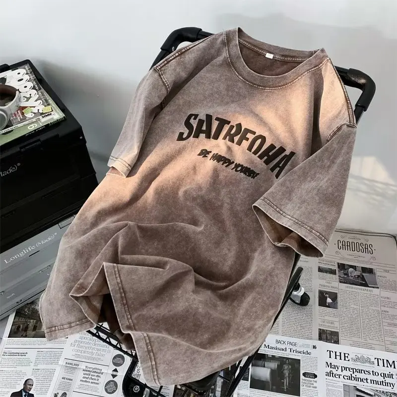 Oversized Korean Short Sleeve Tops Harajuku Casual Male Tee Gothic Washed T Shirts Rose Printed Streetwear Women T-shirt O-neck