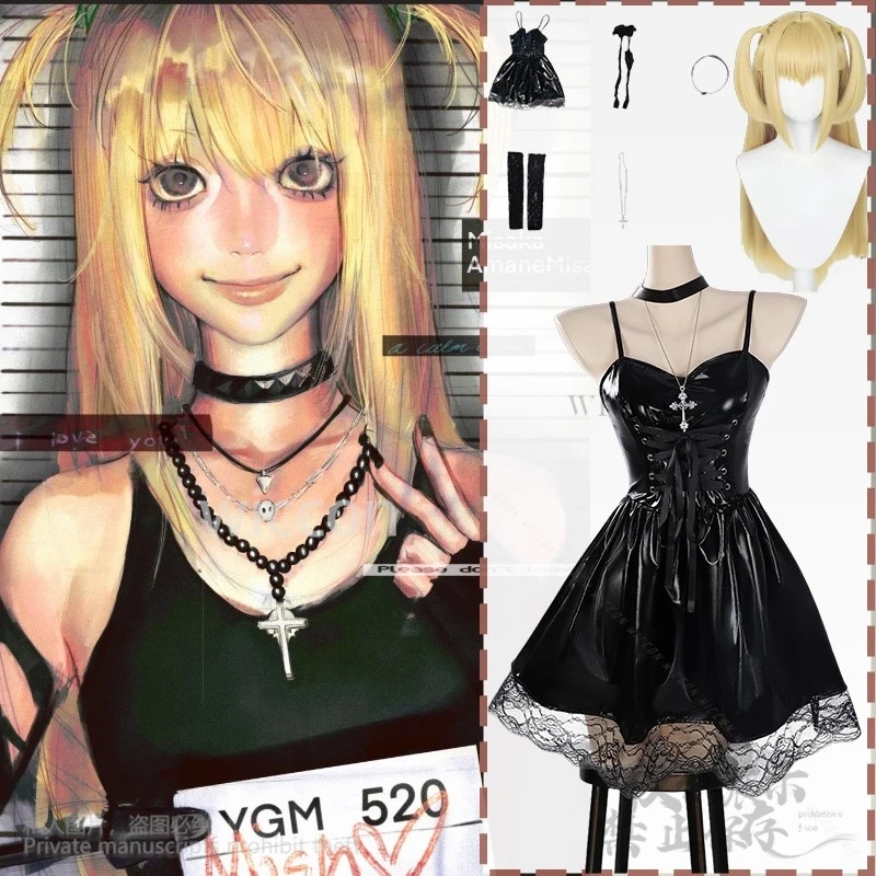 

Jirai Kei Girls MisaMisa Cosplay Anime Costume Leather PU Dress Braces Skirt Sexy Gothic Black Lolita Gorgeous Lace Customized