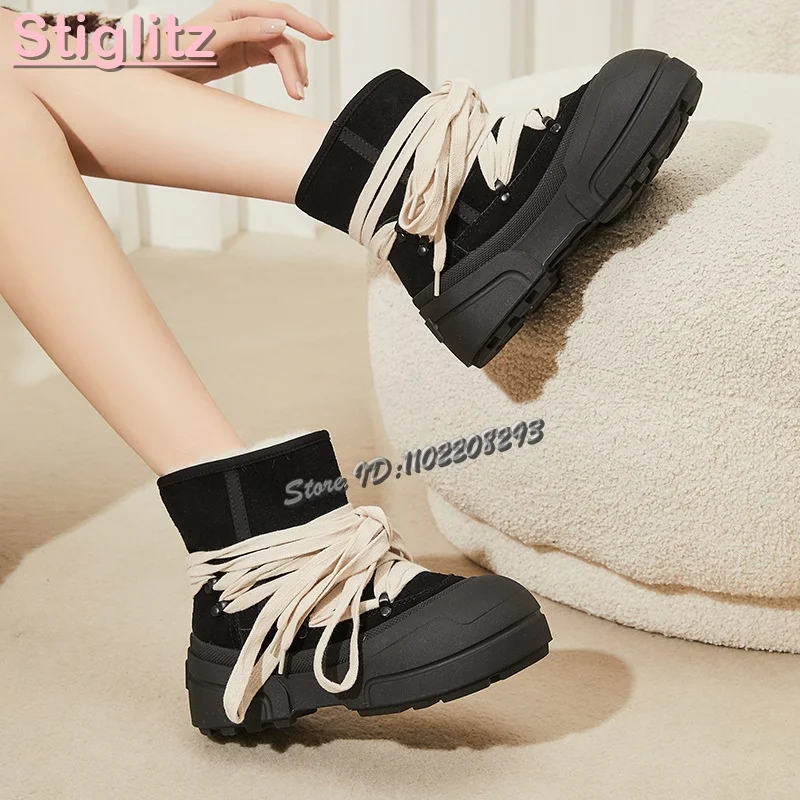 

Cute Round Toe Plus Velvet Ankle Boots Lace-up Thick Bottom Warm Snow Boots Comfortable Women 2025 Winter New Casual Shoes