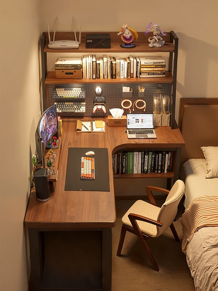 Solid Wood Bed Side Table Corner, Household Bedroom Desk Bookshelf Integrated Table Hole Board