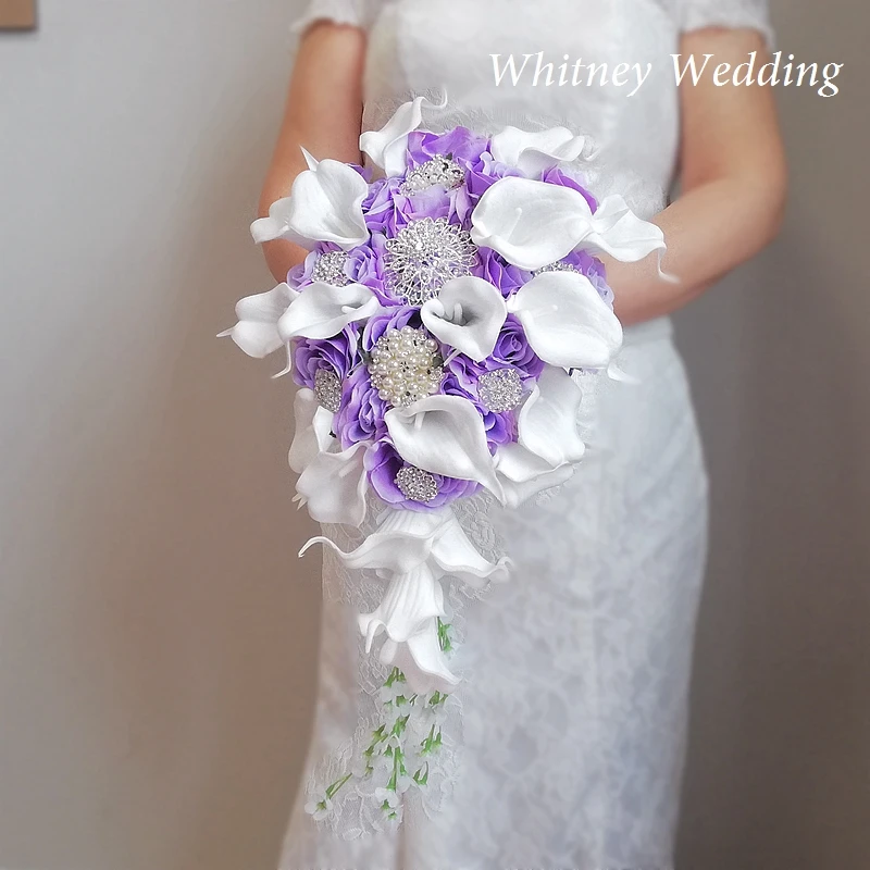 New Violet Wedding Flowers Rose with White Calla Lilies Purple Waterfall Bridal Bouquet Crystal Diamond Mariage accessoirres  كس