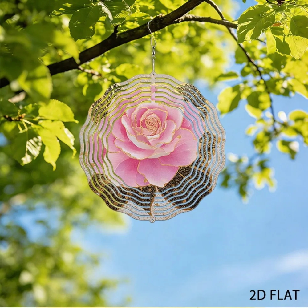 

Iron Wind Chimes for Outdoor Garden Decor, Pink Flower Ornament with Gold Contour, 9.8in Patio Yard Art