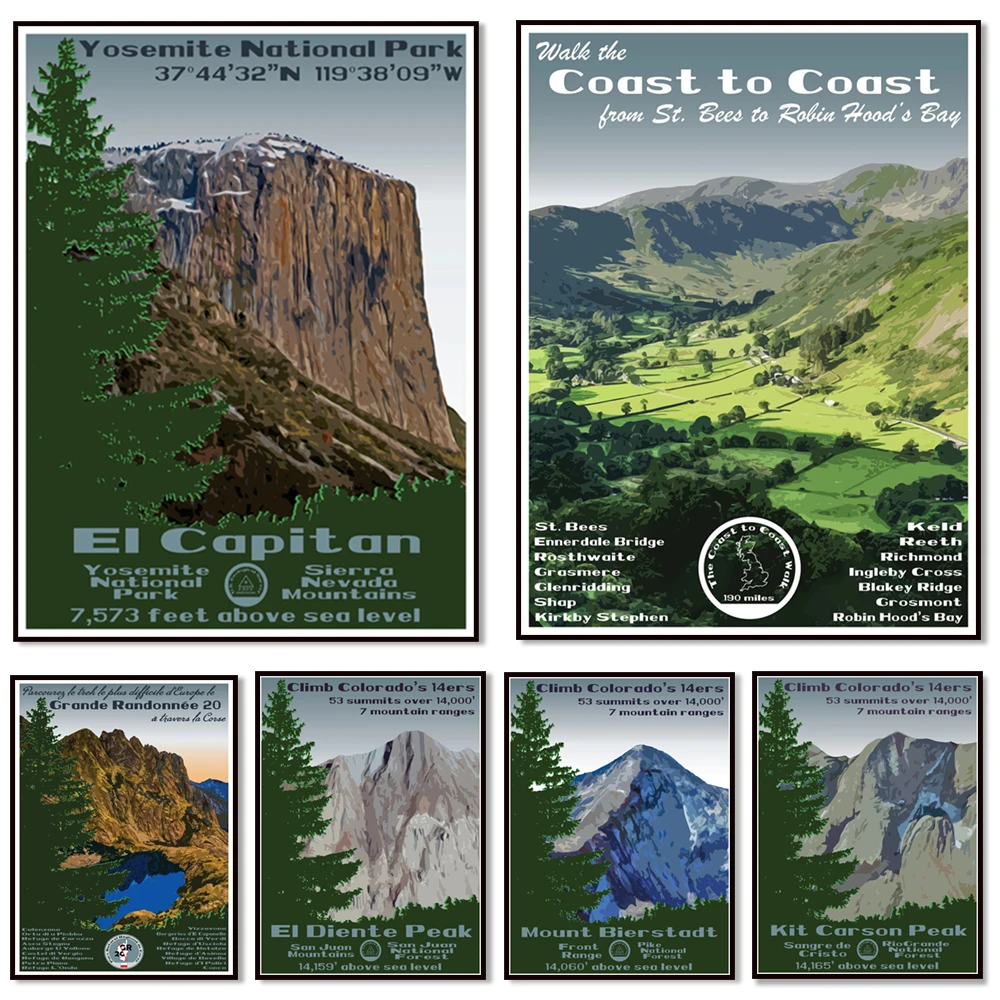 National Park Poster, Yosemite, West Highland Road, Boulder Flatiron, British Coast, Little Bear Peak Prints, Colorado 14ers, Na
