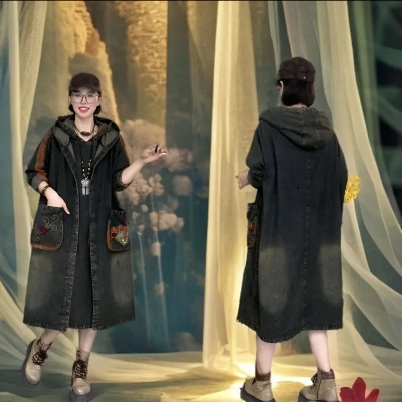 100 كجم يمكن ارتداؤها في الخريف جديد مقلي اللون الرجعية الدنيم معطف طويل خندق المألوف فضفاض كبير الحجم الملابس النسائية