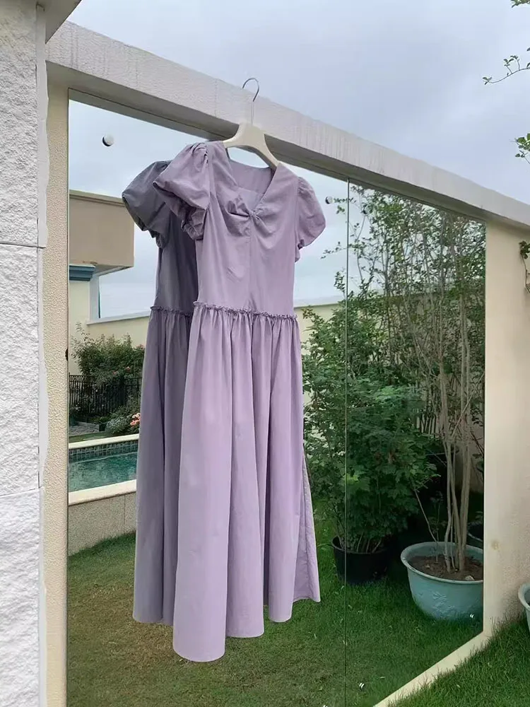 Anti-âge noeud V-Ne Bubble Sve Dr femmes été nouveau rétro pause thé longue Dr fibre de polyester trajet Sle ort...