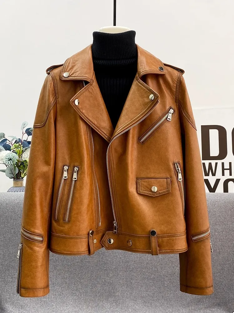 High Street Frauen Echt lederjacke Reiß verschluss Turn-Down-Kragen Vintage Slim Fit Punk New Spring Motorrad Schaffell Kurz mantel