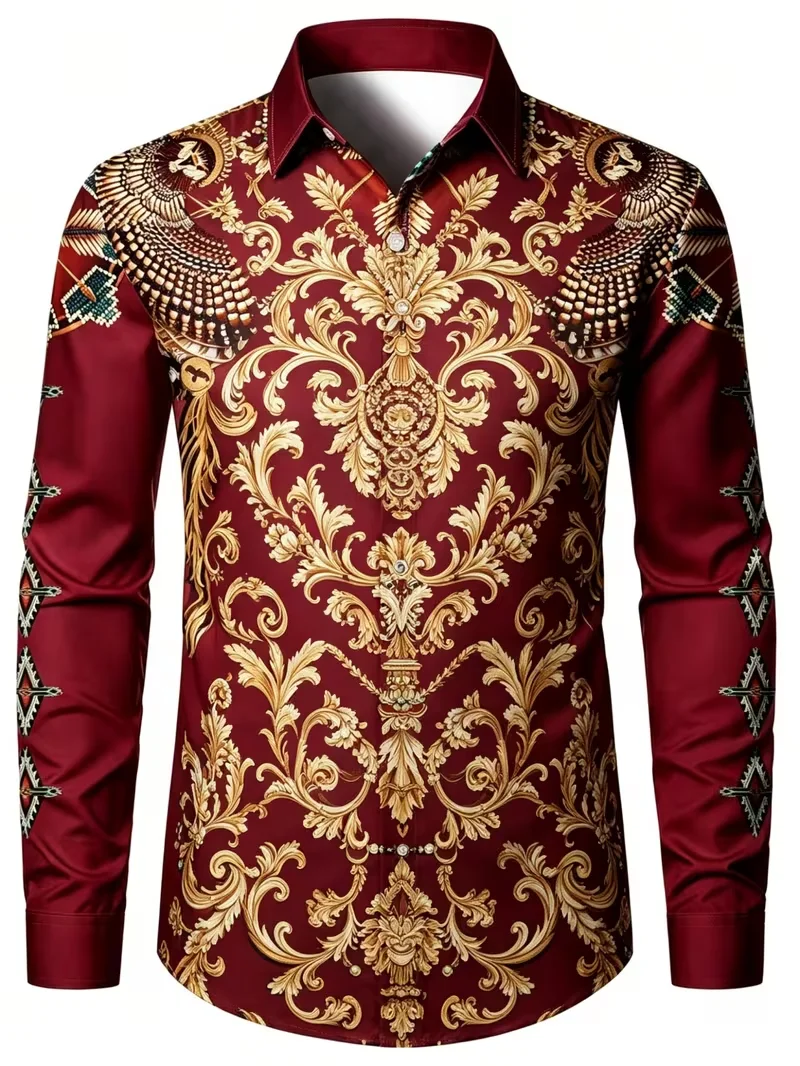 New Purple Palace Light Luxury Shirt Pink Purple Satin Symmetrical Gilded Vine Vine Art Printed Long Sleeve Shirt
