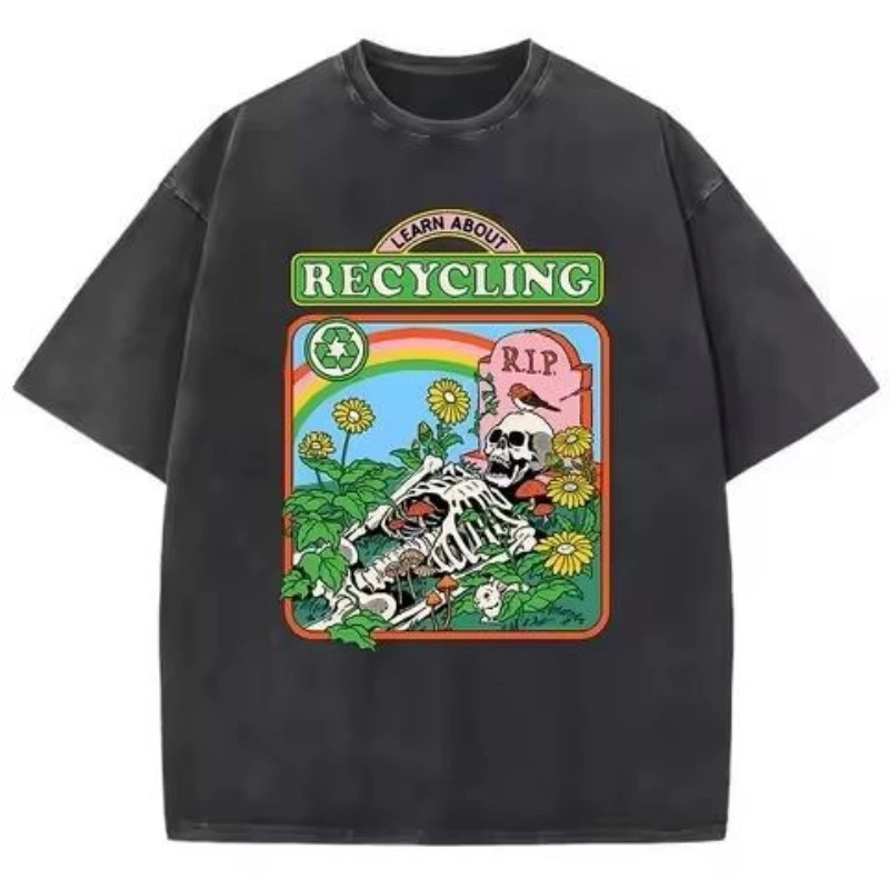 Plant Pattern Washed T-Shirts Men Breathable Cotton Casual T Shirt Soft Summer Comfortable Crewneck Short Sleeve  Y2k Top