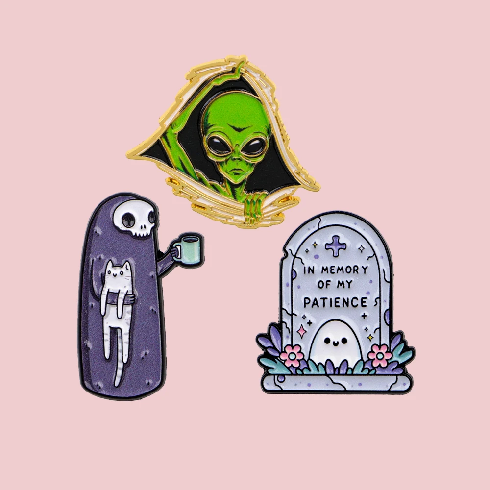 Gothic Spooky Enamel Pins Alien & Ghost Tombstone Lapel Badge Cartoon Brooch Jewelry Gift For Backpack Jacket Halloween Decor
