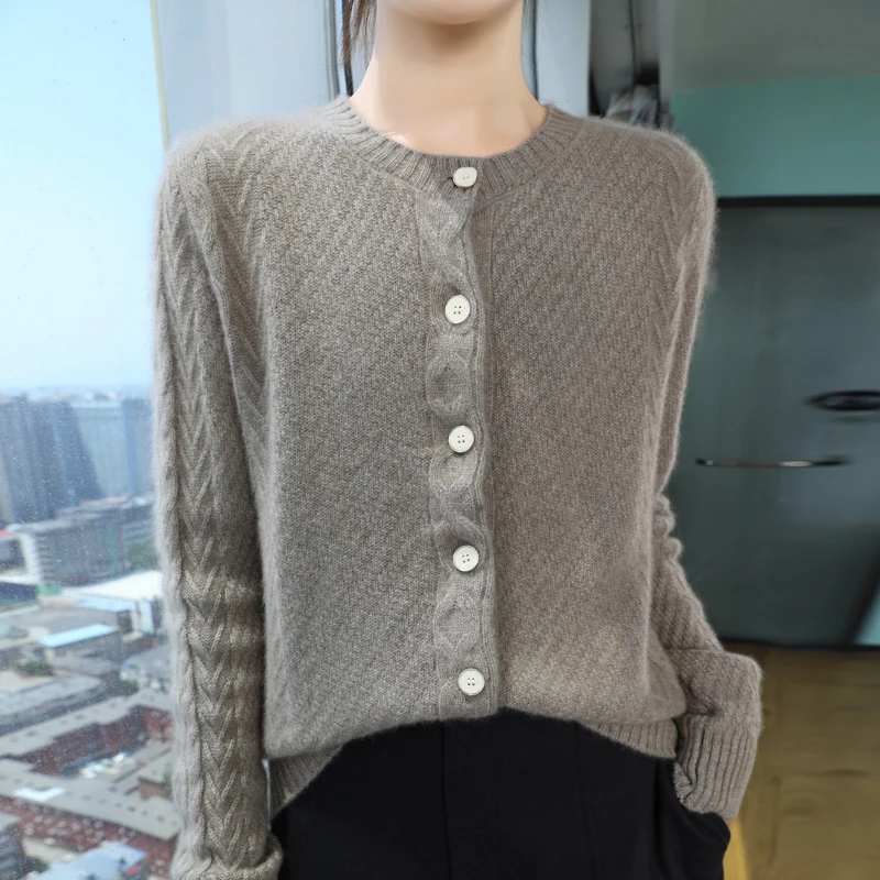 2024New Women's Classic Australian Pure Wool Round Neck Knitted Cardigan Long Sleeve Button Casual High Quality Knitted Sweater 2