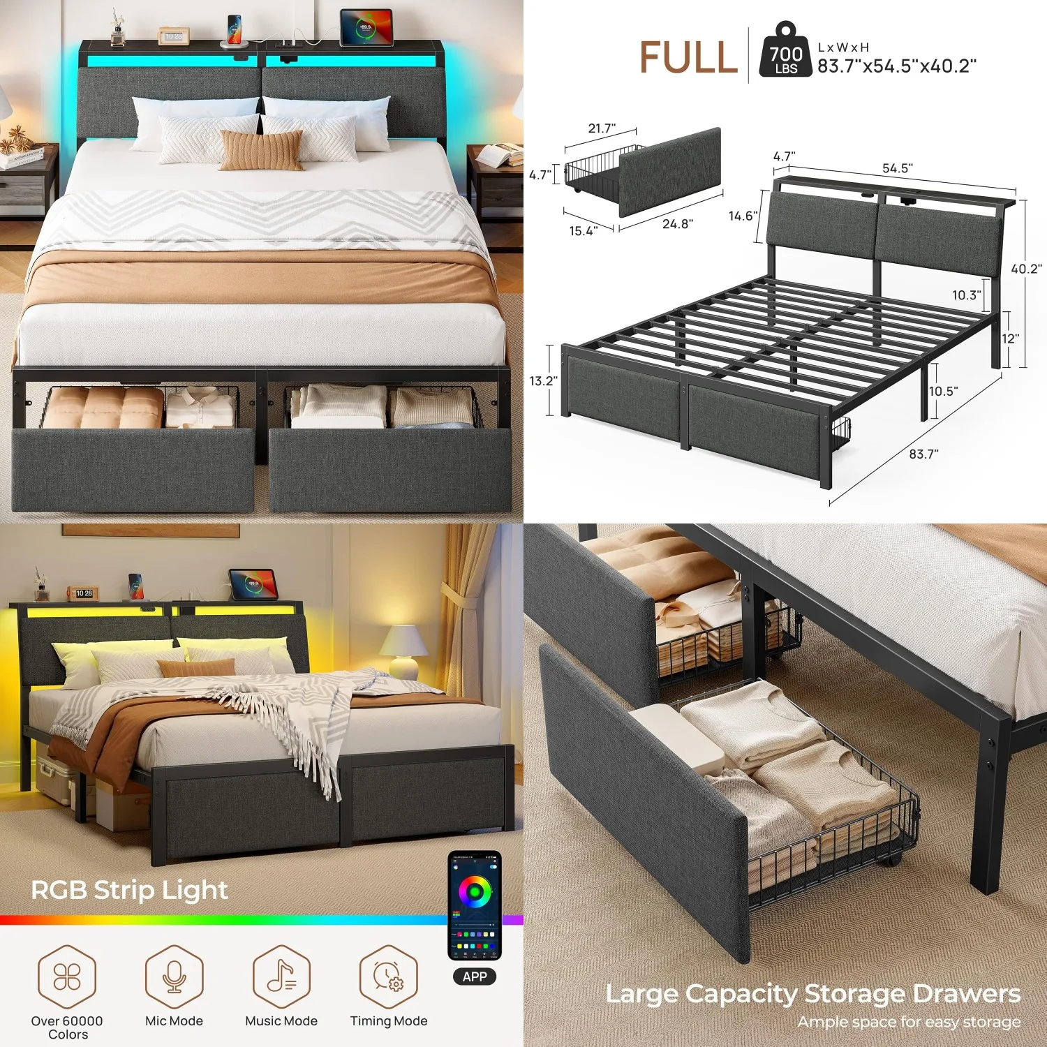 

Full Size Bed Frame with Ergonomic Headboard Storage & Charging Station, Upholstered Platform Bed with LED Light &, Customized