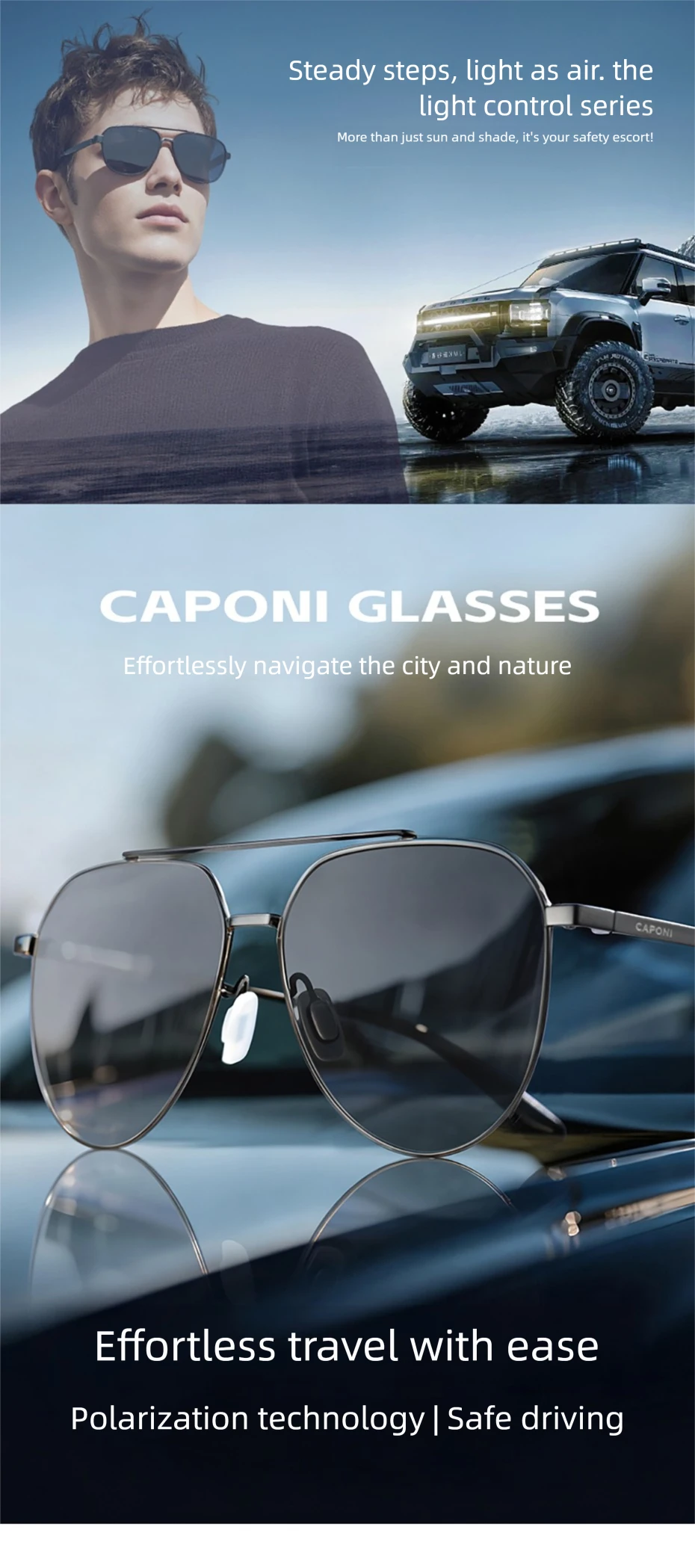 CAPONI Pilot Polarisierte Männer Schwarz Sonnenbrille Doppel Brücke Outdoor Fahren Sonnenbrille UV400 Original Design Schwarz Shades CP35713 – Detail 2