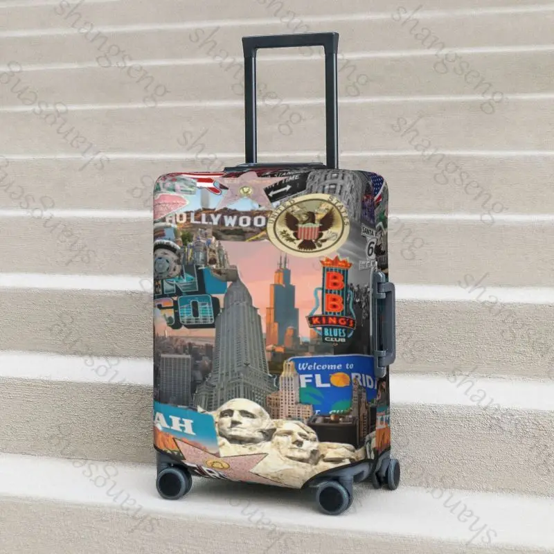 USA landmark stickers Travel suitcase protective case, suitcase cover, elastic protection, washable Luggage cover, 18-32 in