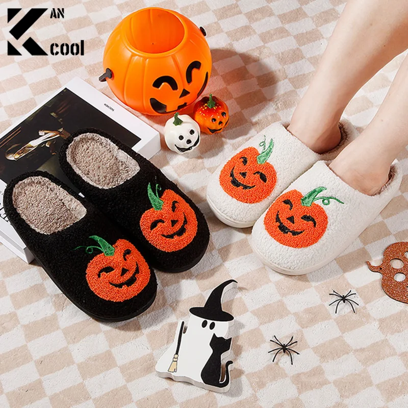 

2024 Halloween Funny Pumpkin Women Slippers Winter Indoor Warm Soft Sole Exquisite Comfy Bedroom Cotton Homeshoes Men Slippers