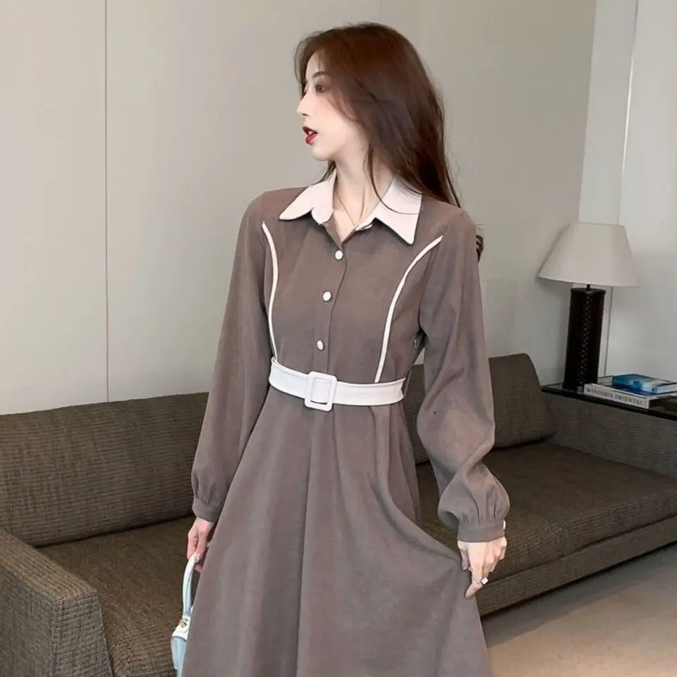 Spring Vintage Waist Dress French Turn-down Collar Long Sleeves Shirt Skirt Fashion Sashes Panelled Lantern Sleeve Long Dresses