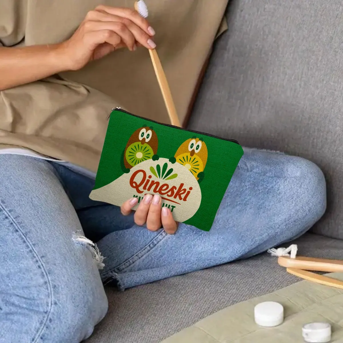 Un sac de maquillage Kiwi amusant – Jolie pochette multifonctionnelle à fermeture éclair pour femmes, sac de rangement de bijoux