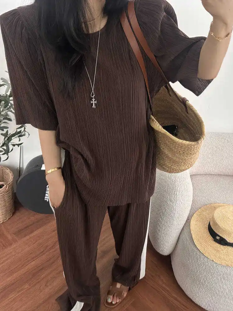 Loose Women's T-shirt Top with Color Block Splicing Long Pants Set High Waist Straight Leggings Fashionable plus Size Outfit