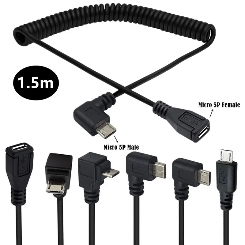1.5m Micro 5Pin Spring Expansion Adapter Cable USB 2.0 Cable Micro 5P Male to Female Charging Data Extension Cable