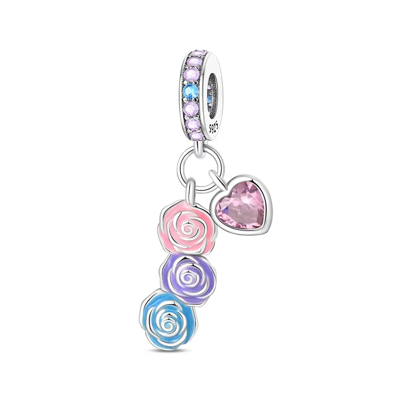 

925 Sterling Silver Love Rose Charm Beads Romantic Pink Heart-Shaped CZ Zircon Dangle Fit Original Bracelet DIY Women Jew