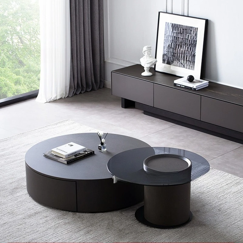 

Solid wood pure black rock slab size round simple small apartment tempered glass telescopic combination coffee table small