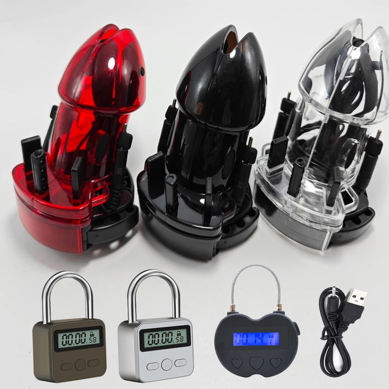 Electric Shock CB6000 Cock Cage Sex Ball Stretcher BDSM Timer Lock Chastity Belt Penis Ring SM Male Sex Tools Electro Stimulator